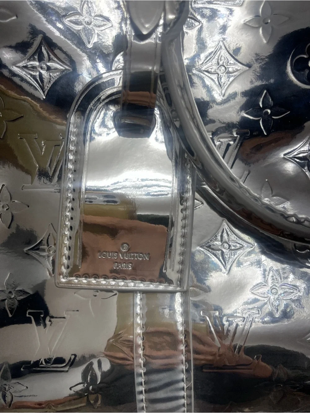 Silver Duffle Handbag Zip Closure Silver Hardware Inner Pocket